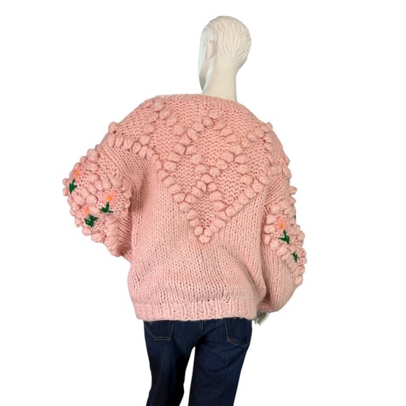 CHICWISH Stitch Floral Diamond Pom-Pom Sweater in Pink Handmade $109 Size M - Picture 2 of 9